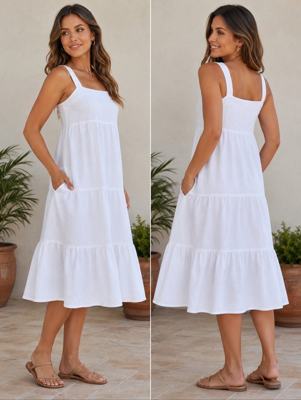 White Tiered Sleeveless Summer Dress with side  pockets.